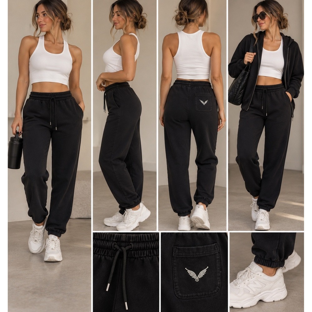 Victoria's Secret Black Fleece Joggers Rhinestone Angel Wing Logo Medium